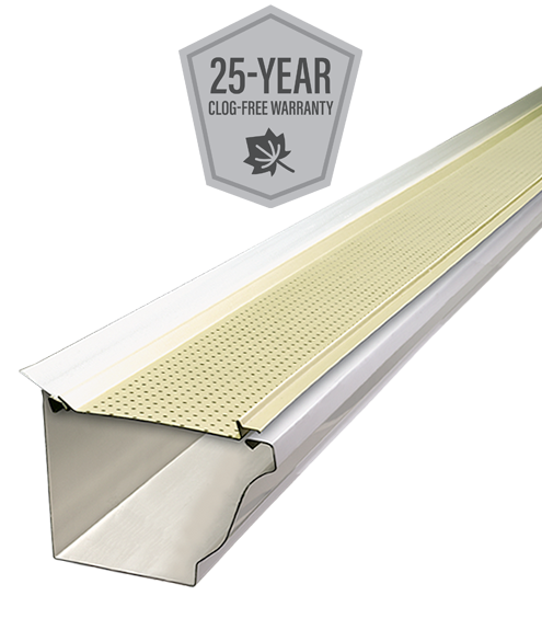 Cross-cut of a pale gold Gutter Clean leaf guard installed on a white aluminum K-style gutter, with a stamp pronouncing a 25-year clog-free warranty