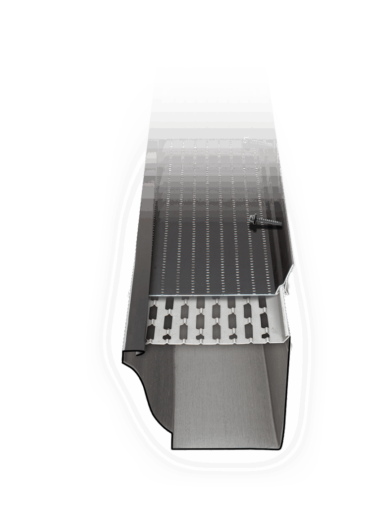 A cross-cut demonstrating the DoublePro gutter hanger's double membrane structure: An upper membrane with small holes in spaced rows, and a lower membrane with long and thin holes in offset rows.
