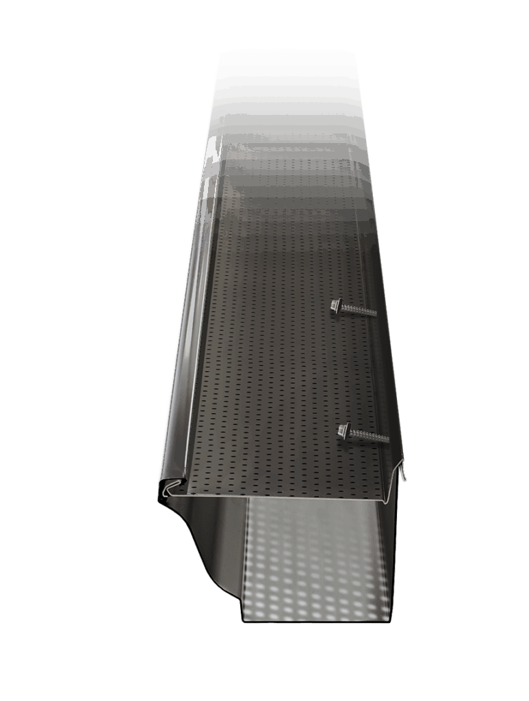 A cross-cut demonstrating how the T-Rex gutter hanger and leaf guard folds over the mounting side of the gutter to be screwed into place, while the opposite side folds under the outer edge of the gutter to provide support.